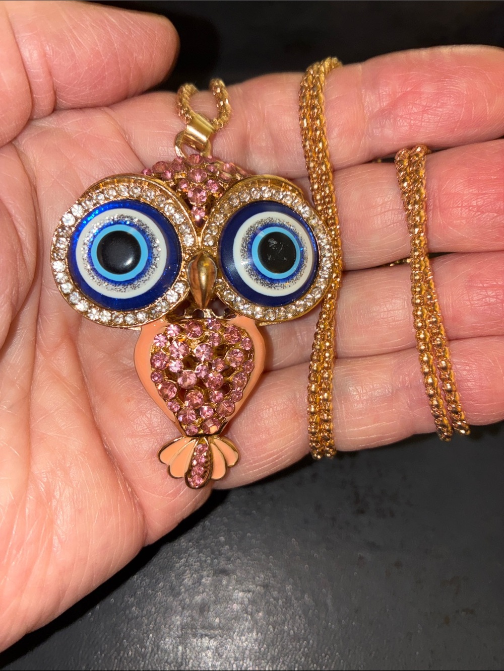 Pink Crystal Owl Pendant Necklace With Moving Tail Feathers